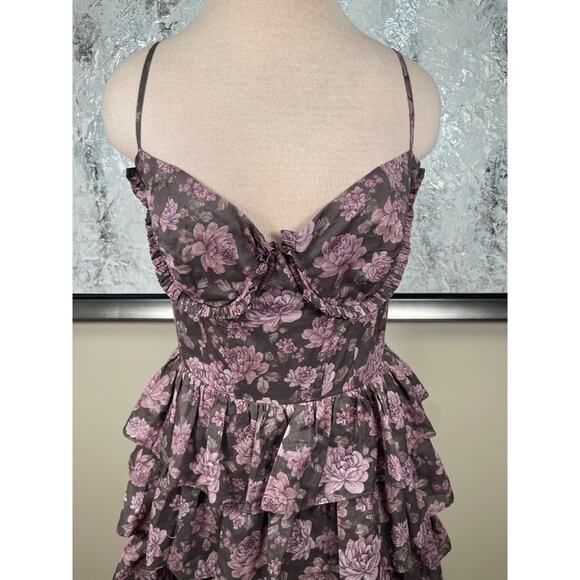 V. Chapman Josephine Floral Ruffle Tiered Bustier Chocolate Maxi Dress Size 10 - Picture 4 of 10
